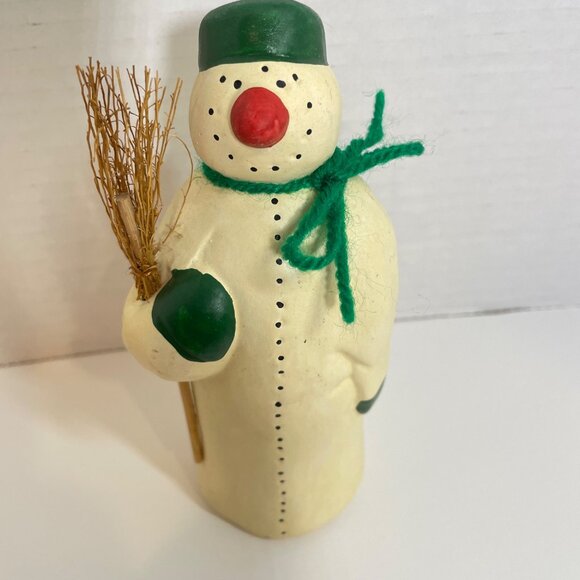 Vintage Snowman Figurine with Green Hat & Scarf Holding Broomstick - Rustic Wint - Picture 2 of 10